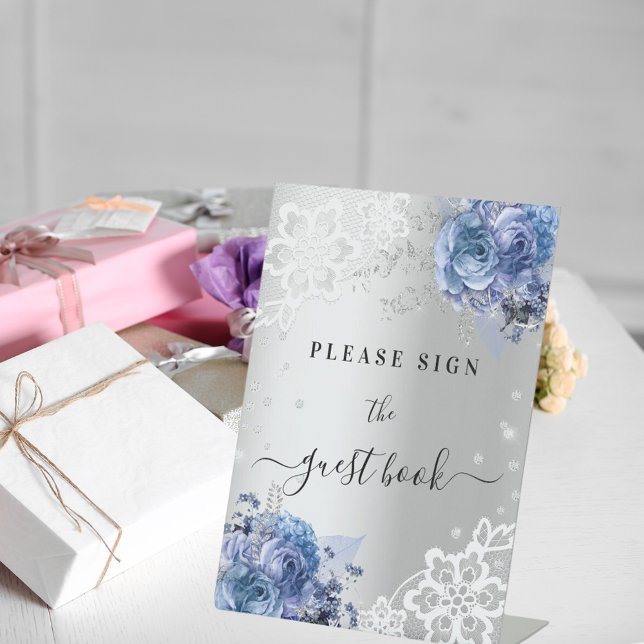 Silver blue florals lace guest book sign (Creator Uploaded)