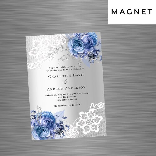 Silver blue florals lace luxury wedding invitation