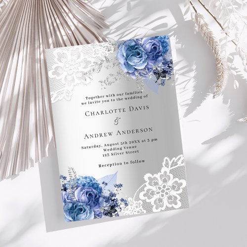 Silver blue florals lace luxury wedding invitation