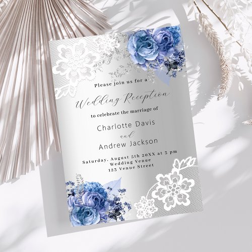 Silver blue florals lace premium wedding reception invitation