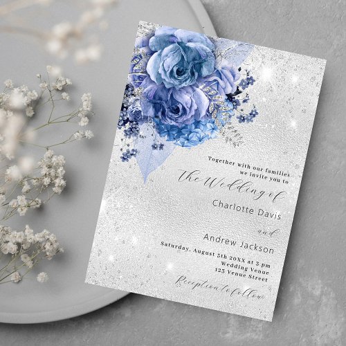 Silver blue florals luxury wedding invitation