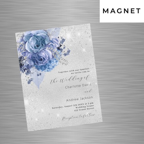 Silver blue florals luxury wedding magnetic invitation