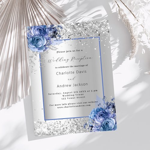 Silver blue florals luxury wedding reception invitation