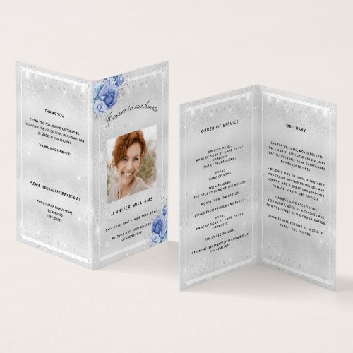 Silver blue florals photo glitter funeral program