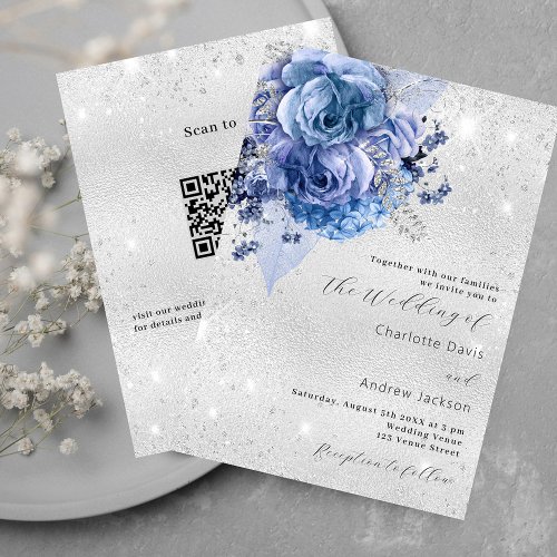 Silver blue florals QR code RSVP details wedding Invitation