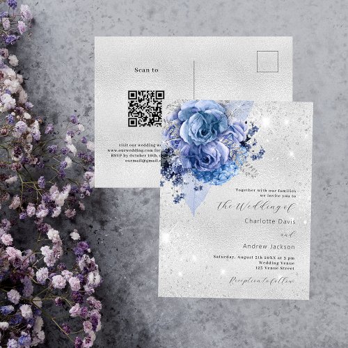 Silver blue florals QR code RSVP details wedding Invitation Postcard