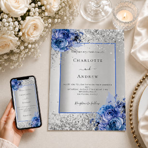 Silver blue florals wedding invitation