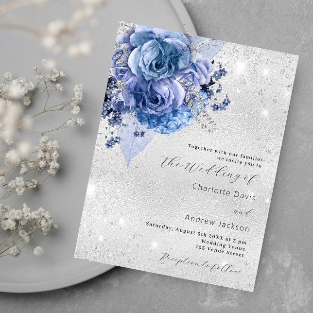 Silver blue florals wedding invitation postcard (Creator Uploaded)