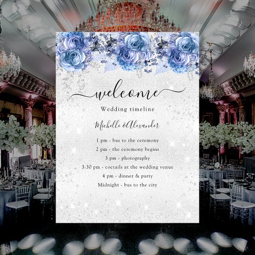 Silver blue florals wedding program poster