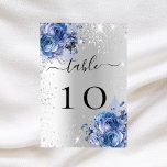 Silver blue florals wedding table number<br><div class="desc">A faux silver looking background decorated with blue florals and faux sparkles

Personalize and add your table numbers.  Add your numbers one by one.</div>