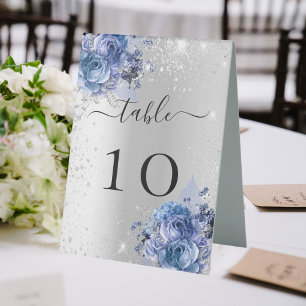 Silver blue florals wedding table number tent