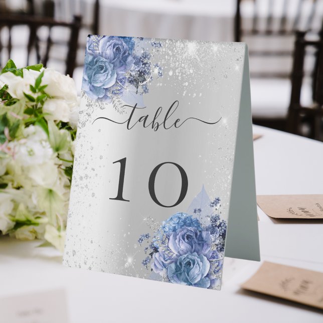 Silver blue florals wedding table number tent (Creator Uploaded)