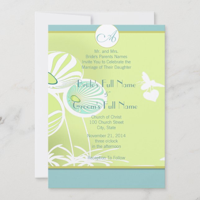 Silver Blue Flowers and Bees Wedding Invitation (Front)