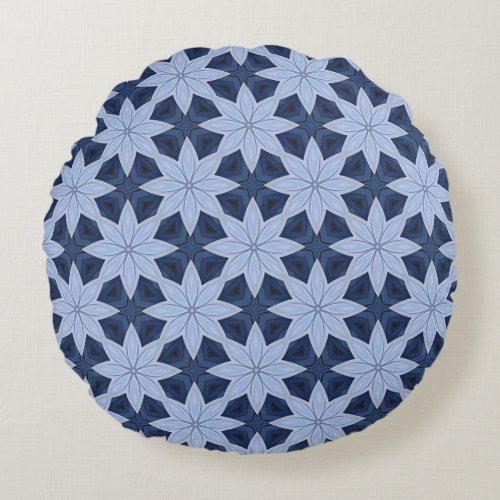 Silver_blue Flowers on a Navy Blue background Round Pillow