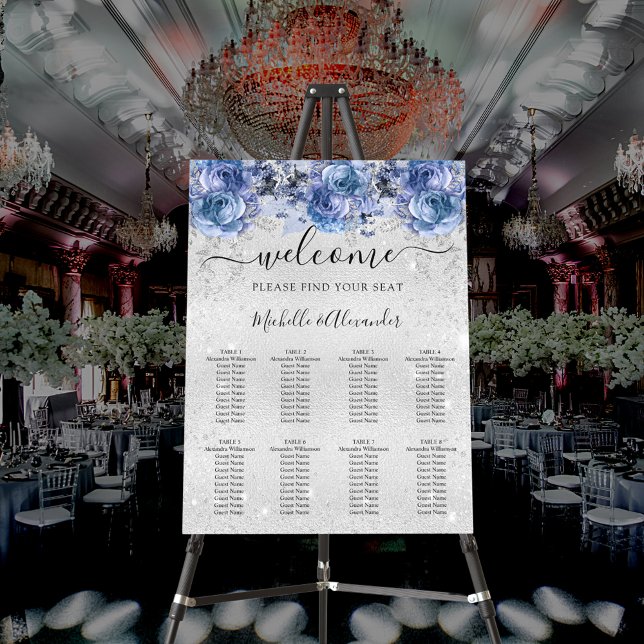 Silver blue flowers wedding seating chart foam board (Creator Uploaded)