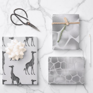 Silver Blue Giraffe Print Wrapping Paper Sheets