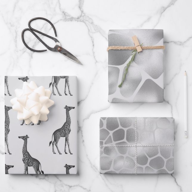 Silver Blue Giraffe Print  Wrapping Paper Sheets (Front)