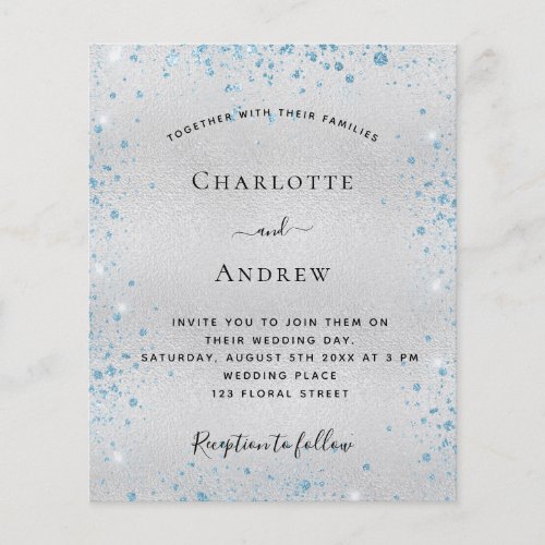 Silver blue glitter budget wedding invitation flyer