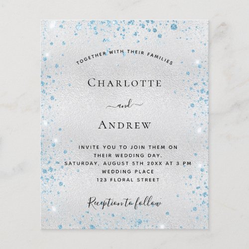 Silver blue glitter budget wedding invitation flyer