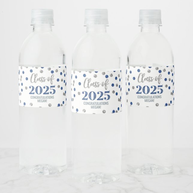 Silver Blue Glitter Class of 2025 Graduation Water Bottle Label (Bottles)