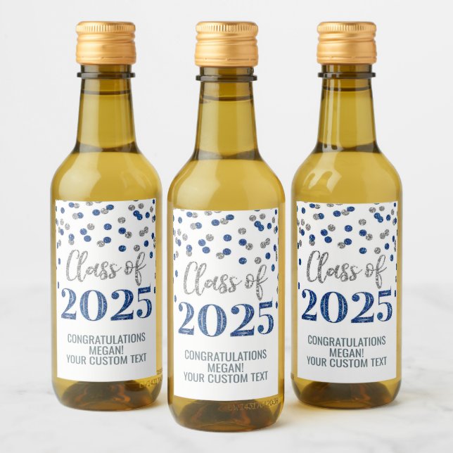Silver Blue Glitter Class of 2025 Graduation Wine Label (Bottles)