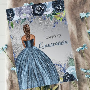 Silver Blue Glitter Dress Quinceañera Quince  Invitation