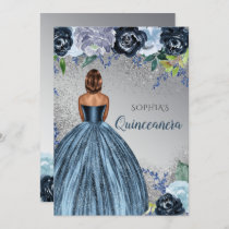 Silver Blue Glitter Dress Quinceañera Quince   Invitation
