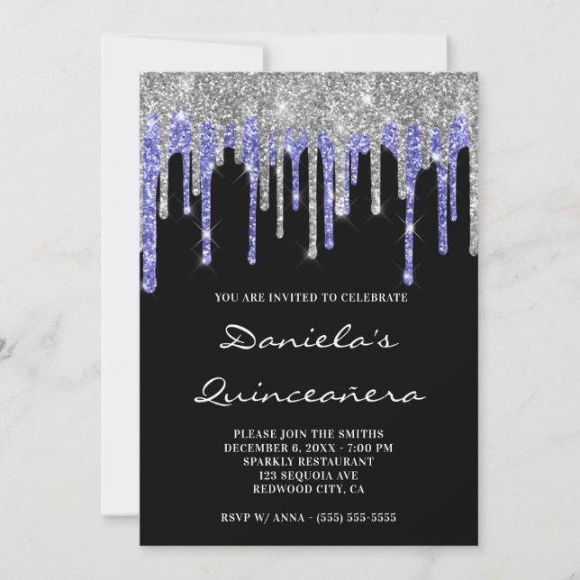 Silver Blue Glitter Drips Black Quinceañera Invitation (Front)
