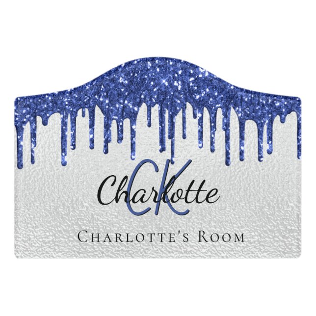 Silver blue glitter drips monogram name door sign (Small Crest Front)