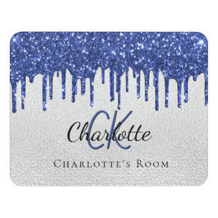 Silver blue glitter drips monogram name door sign