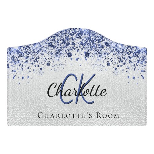 Silver blue glitter dust monogram name door sign