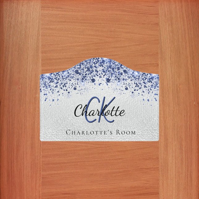 Silver blue glitter dust monogram name door sign (Creator Uploaded)