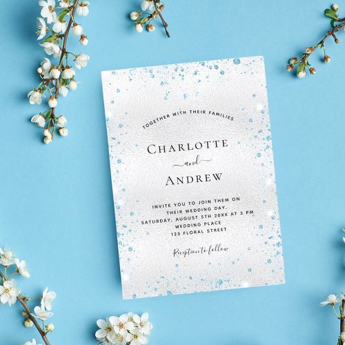 Silver blue glitter elegant winter wedding invitation