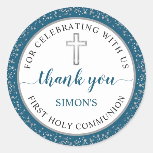 Silver Blue Glitter First Communion Thank You Classic Round Sticker