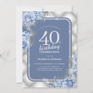 Silver Blue Glitter Floral 40th Birthday Invitation
