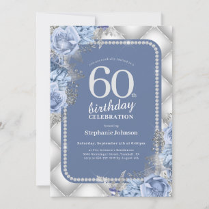 Silver Blue Glitter Floral 60th Birthday Invitation