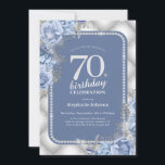 Silver Blue Glitter Floral 70th Birthday Invitation<br><div class="desc">Silver Blue Glitter Floral 70th Birthday Invitation. This invitation presents an elegant winter-themed design, combining blue and silver tones with delicate floral accents. Diamond borders add a touch of sparkle, bringing a luxurious feel to the overall aesthetic. The blend of cool colors and shimmering details creates a sophisticated and festive...</div>