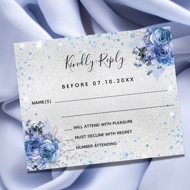 Silver blue glitter florals budget wedding RSVP (Creator Uploaded)