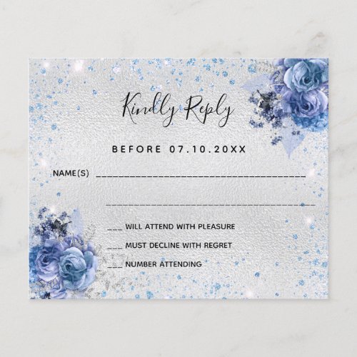 Silver blue glitter florals budget wedding RSVP Flyer