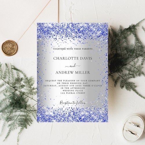 Silver blue glitter formal elegant wedding invitation