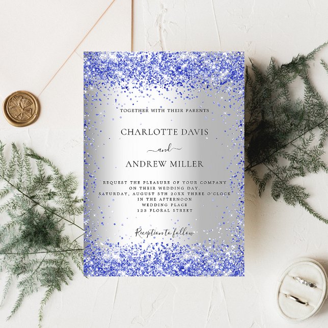 Silver blue glitter formal elegant wedding invitation (Creator Uploaded)
