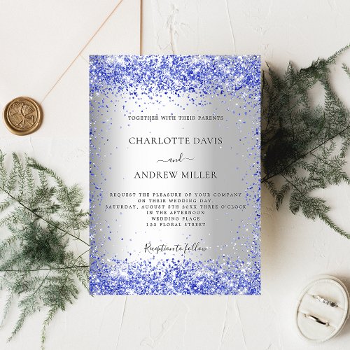 Silver blue glitter formal elegant wedding invitation postcard