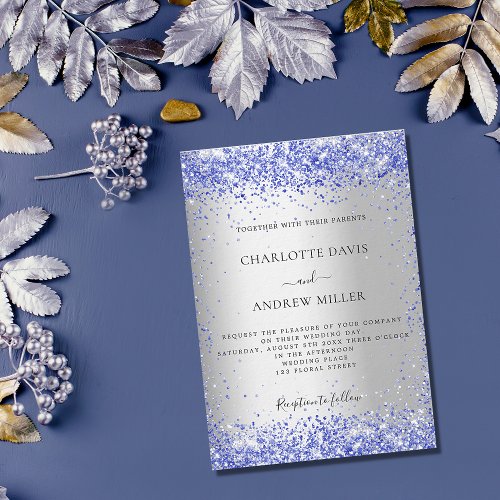 Silver blue glitter formal luxury wedding invitation