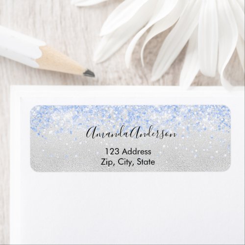 Silver blue glitter glamorous return address label