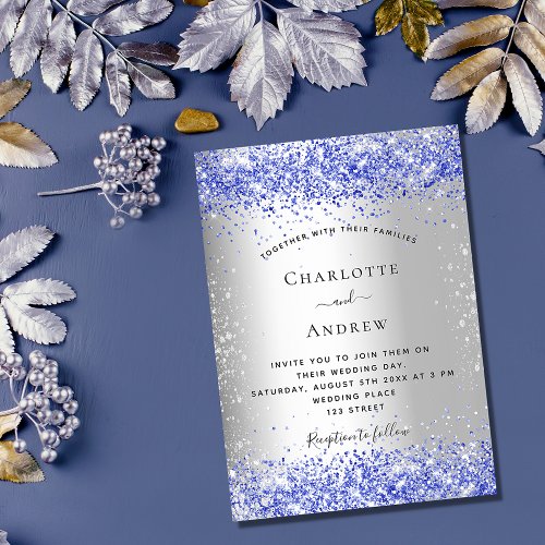 Silver blue glitter glamorous wedding invitation