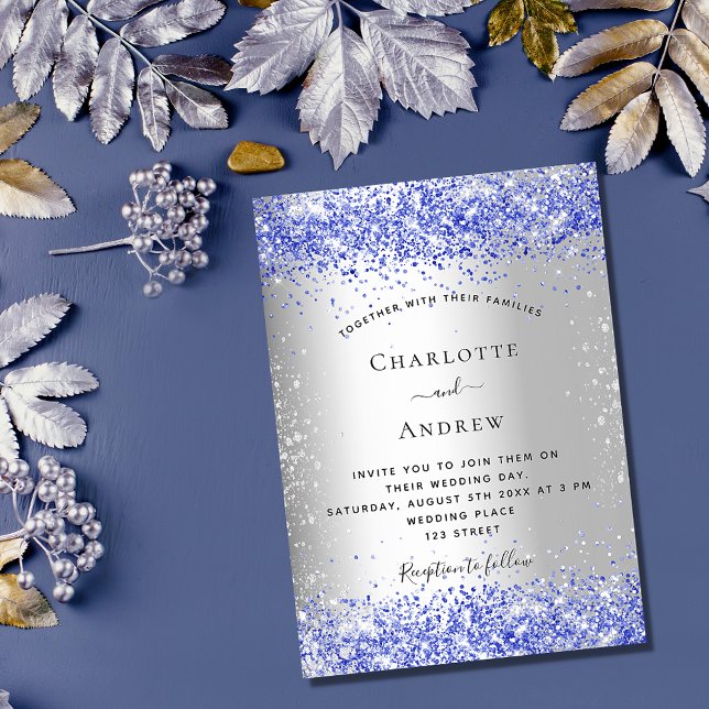 Silver blue glitter glamorous wedding invitation (Creator Uploaded)