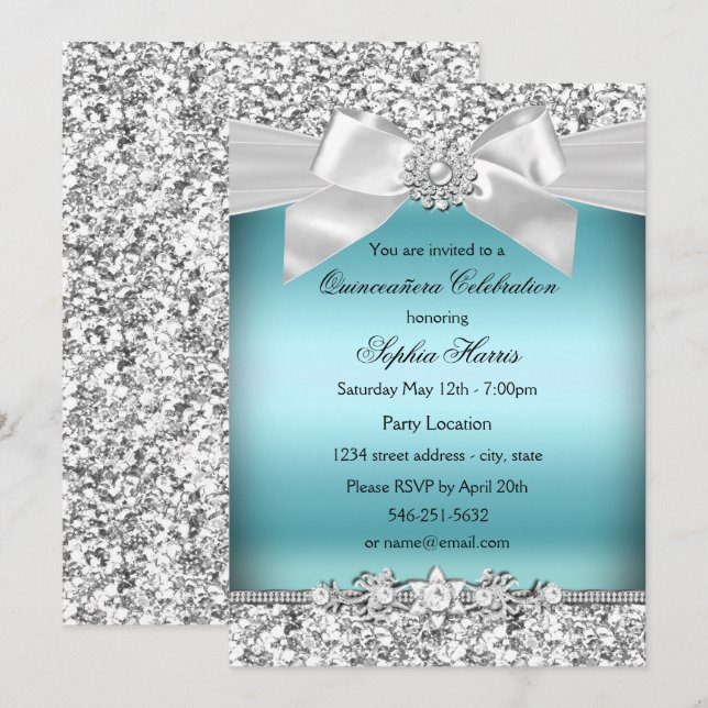 Silver Blue Glitter Jewel Bow Quinceanera Invitation (Front/Back)