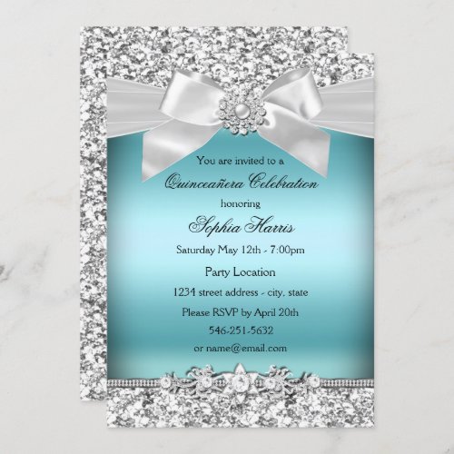 Silver Blue Glitter Jewel Bow Quinceanera Invitation