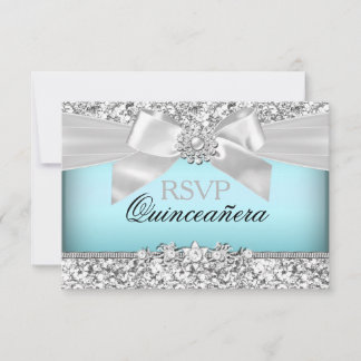 Silver Blue Glitter & Jewel Bow Quinceanera RSVP Card