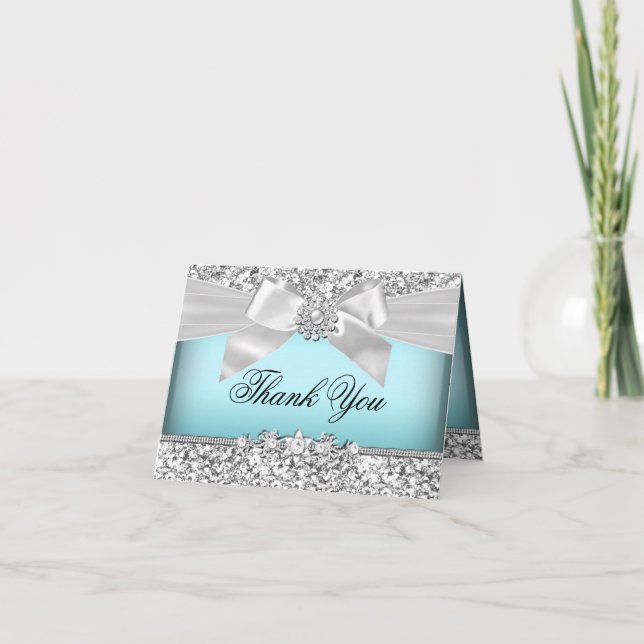 Silver Blue Glitter & Jewel Bow Thank You Card (Front)